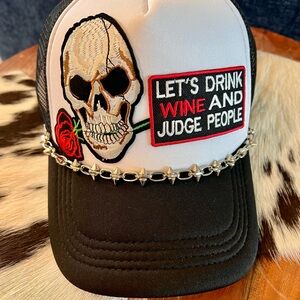 Skull and Rose Trucker Hat Let’s Drink Wine and Judge People SnapBack